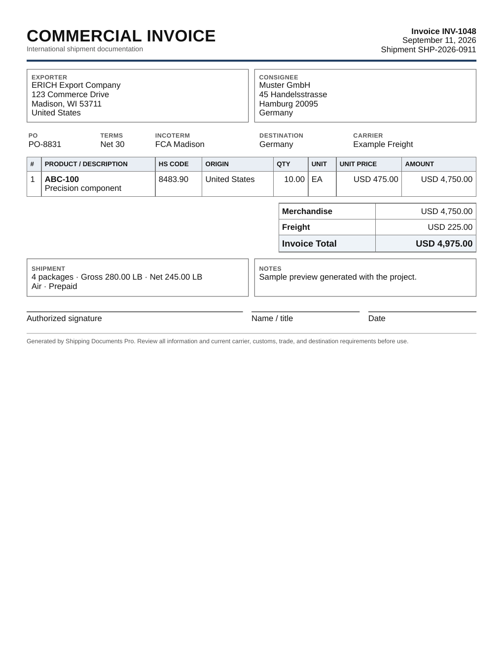 Commercial Invoice created in Shipping Documents Pro