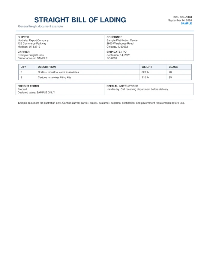 Bill of Lading Template & Sample