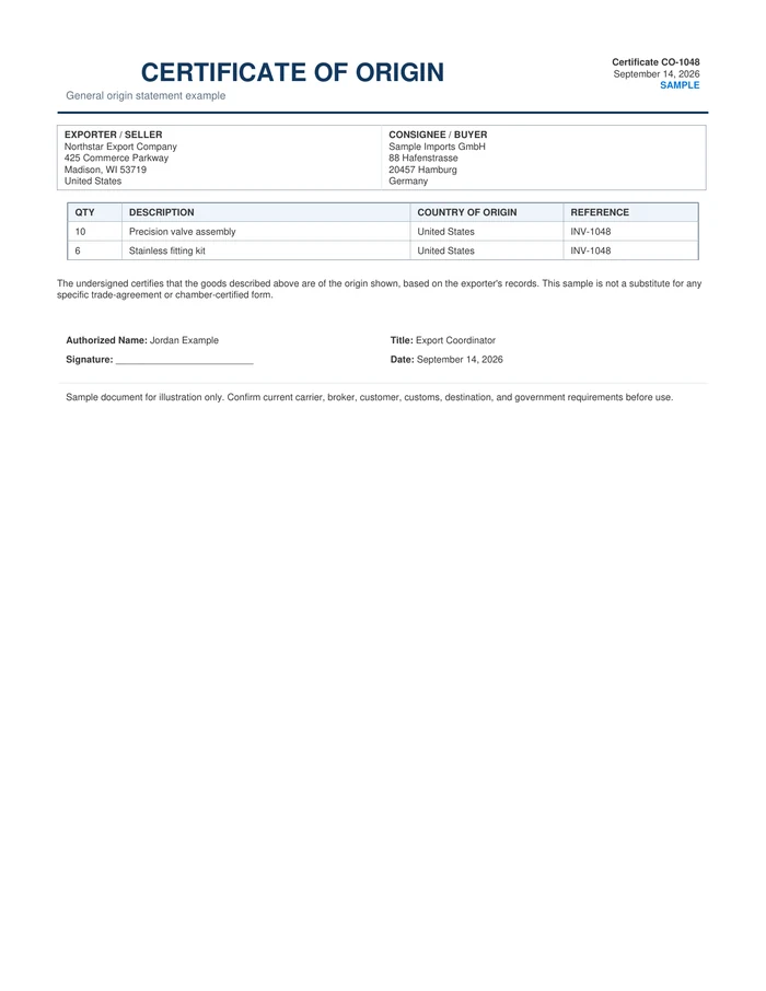 Certificate of Origin Template & Sample