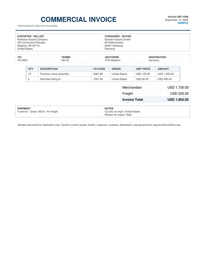 Commercial Invoice Template & Sample