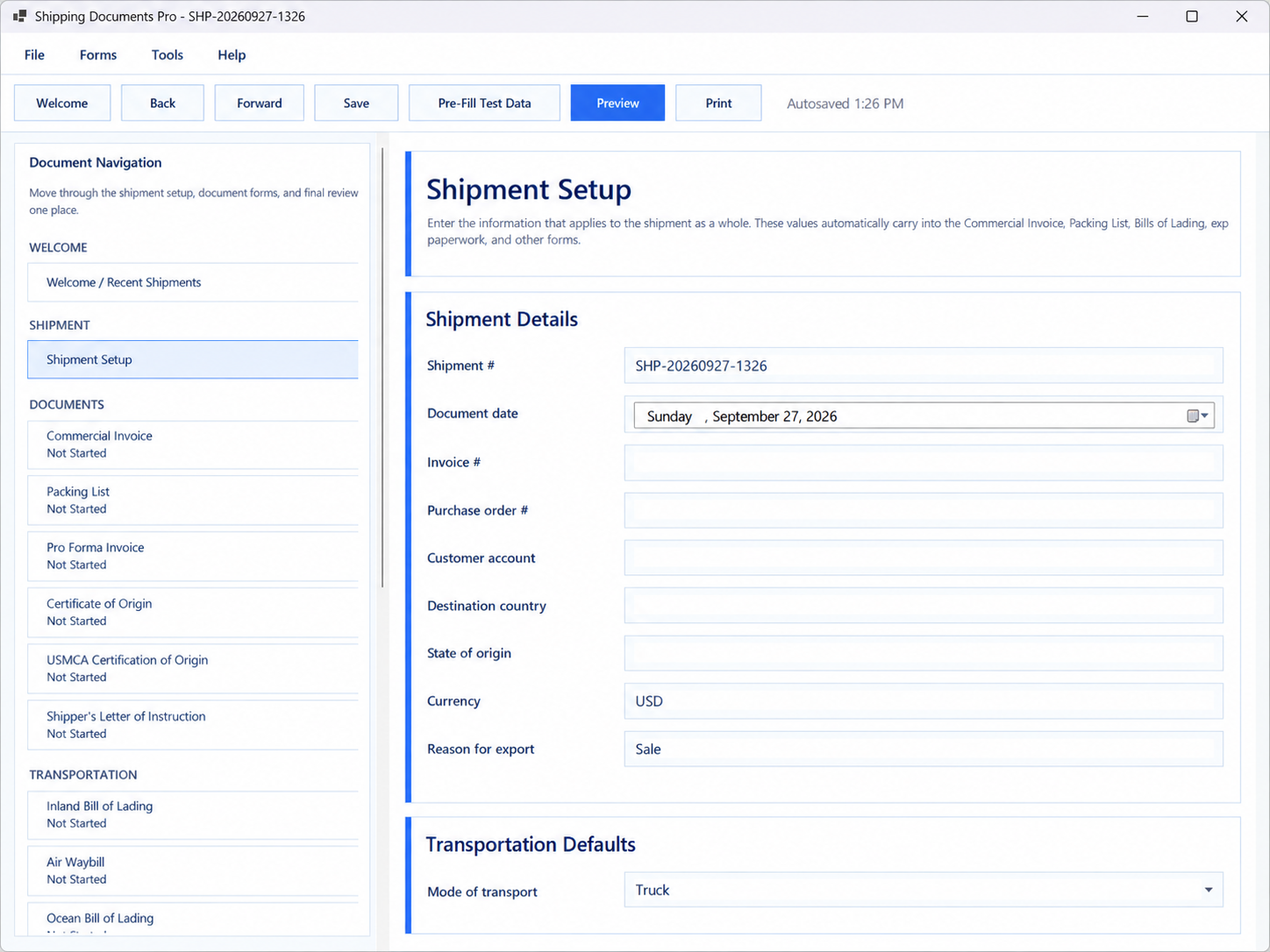 Shipping Documents Pro shipment setup screen with shipment details and transportation defaults