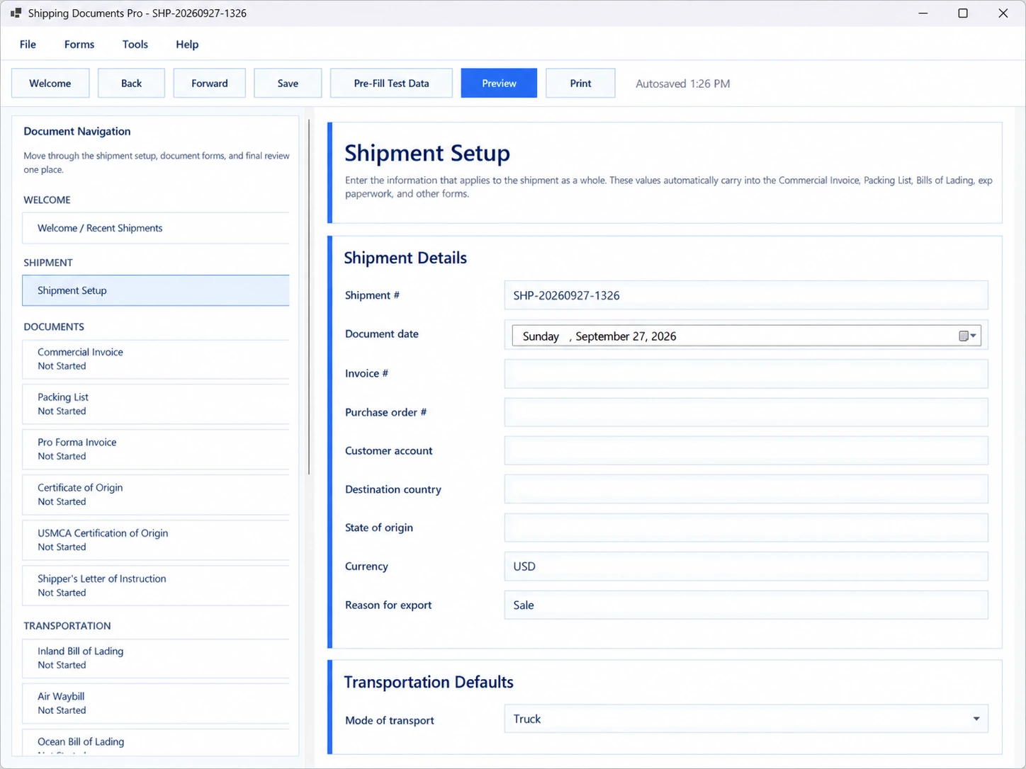 Shipping Documents Pro shipment entry screen