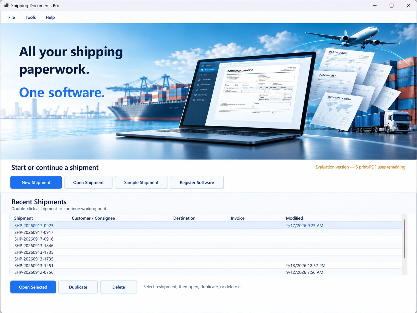 Shipping Documents Pro welcome screen with recent shipments and buttons to start or open a shipment